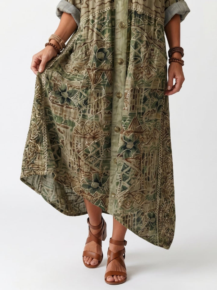 Women's Everyday Day Dress Oversized Button-Front Embroidered Pocket Midi