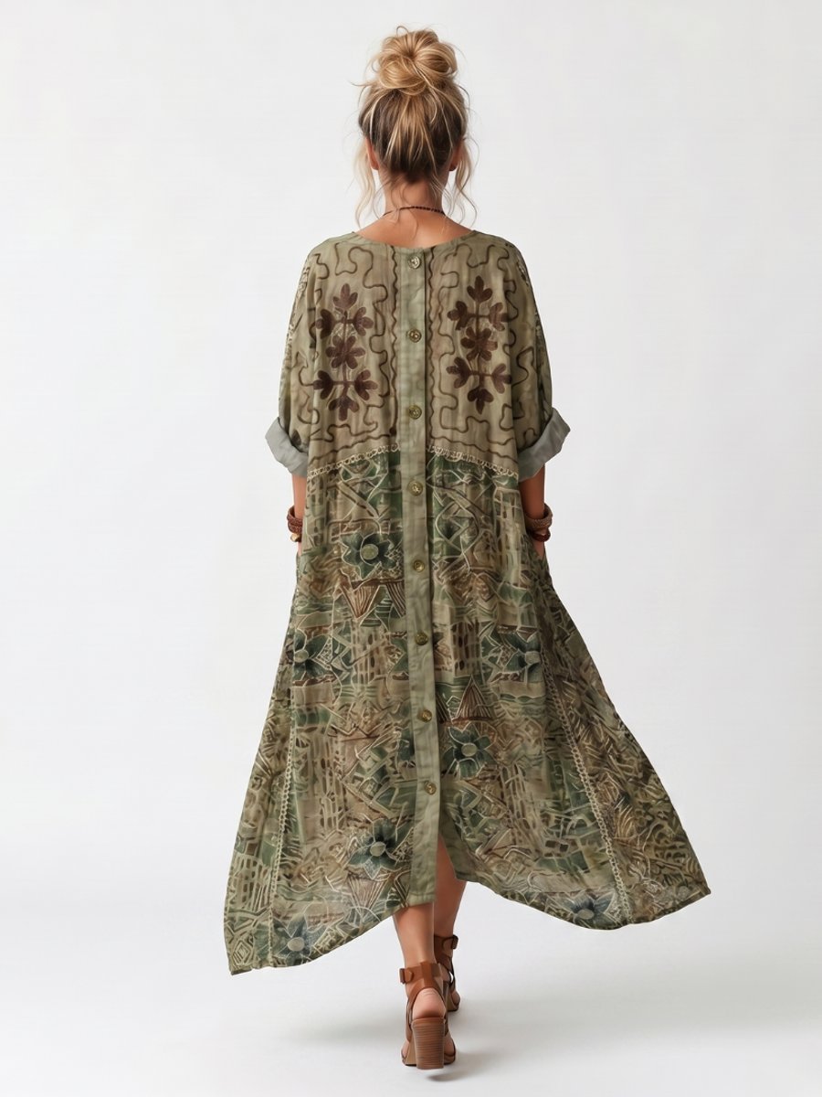 Women's Everyday Day Dress Oversized Button-Front Embroidered Pocket Midi