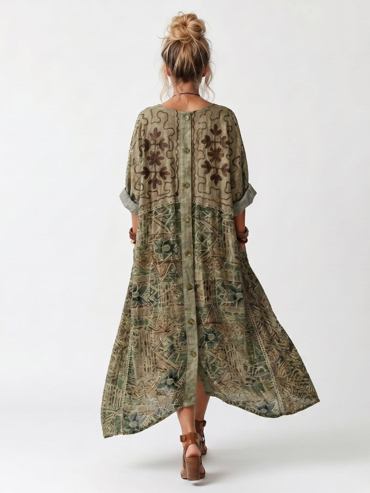 Women's Everyday Day Dress Oversized Button-Front Embroidered Pocket Midi