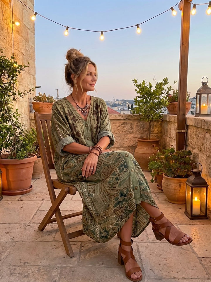 Women's Everyday Day Dress Oversized Button-Front Embroidered Pocket Midi