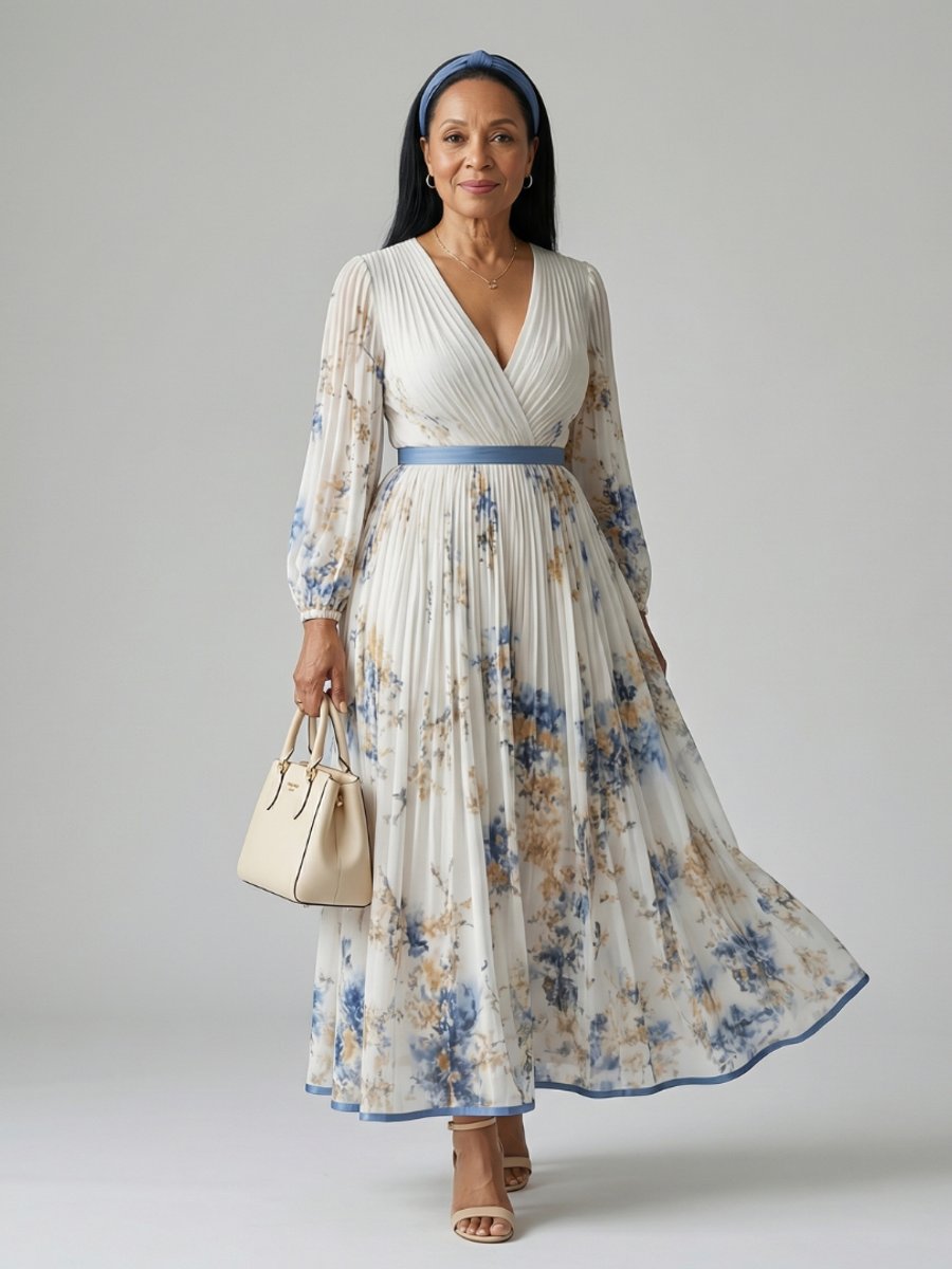 Women's Everyday Day Dress Pleated Wrap Floral Midi