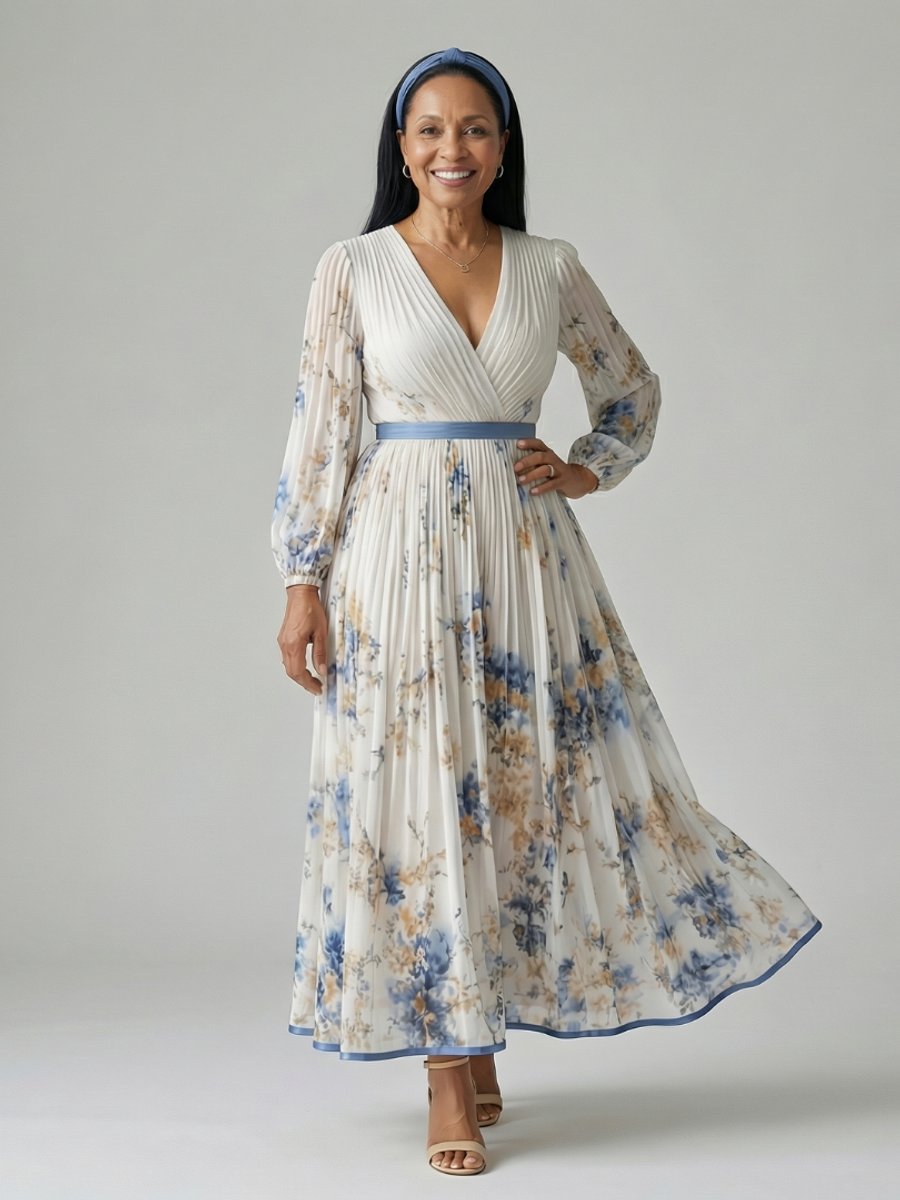 Women's Everyday Day Dress Pleated Wrap Floral Midi