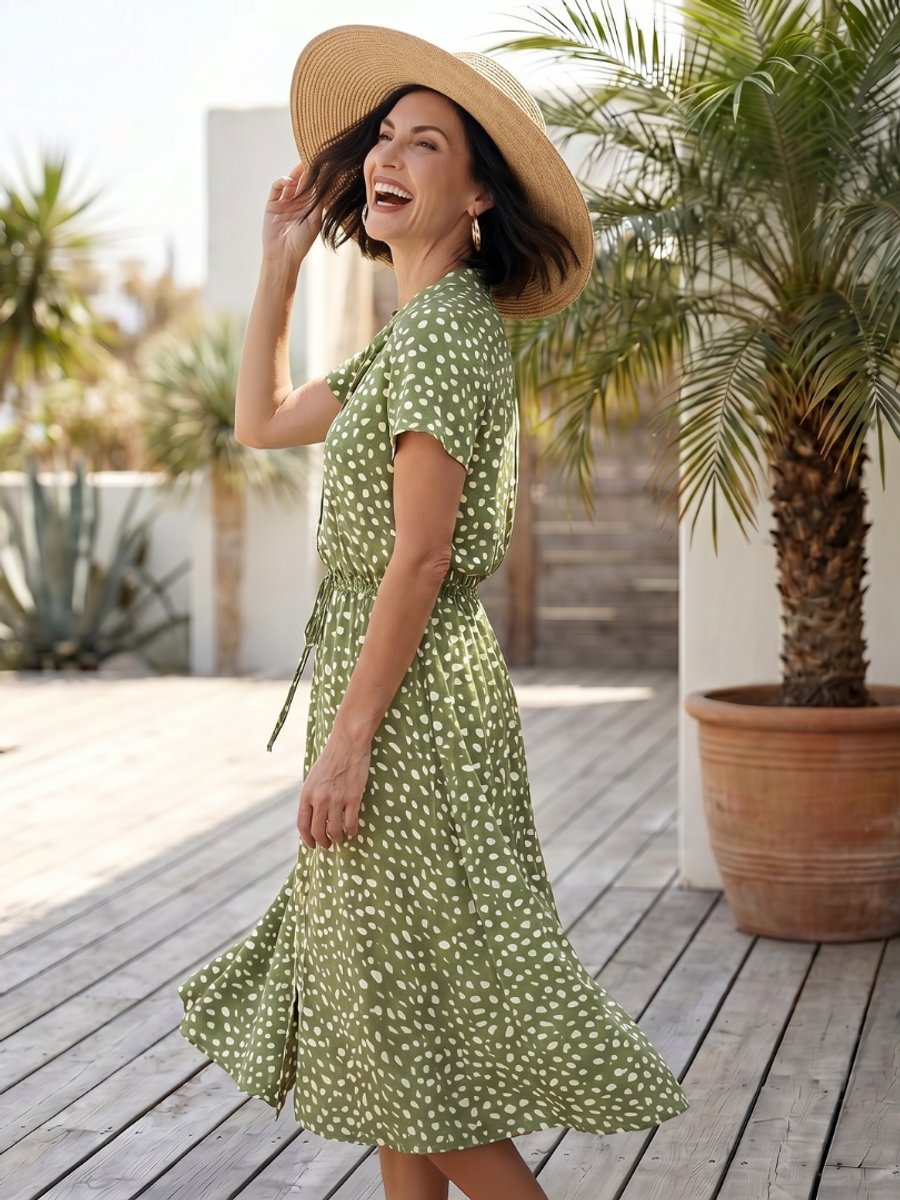 Women's Everyday Day Dress Printed Button-Front Belted Midi