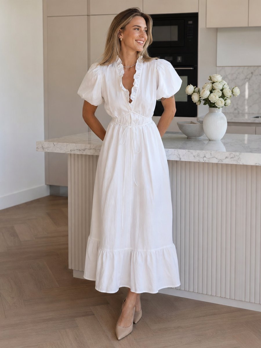 Women's Everyday Day Dress Puff Sleeve V-Neck Midi