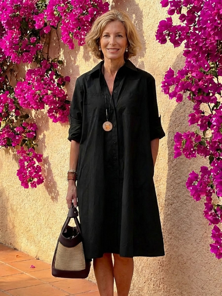 Women's Everyday Day Dress Relaxed Button-Front Collared Midi Shirt Dress