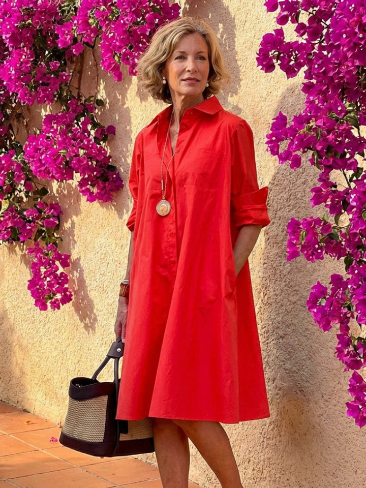 Women's Everyday Day Dress Relaxed Button-Front Collared Midi Shirt Dress