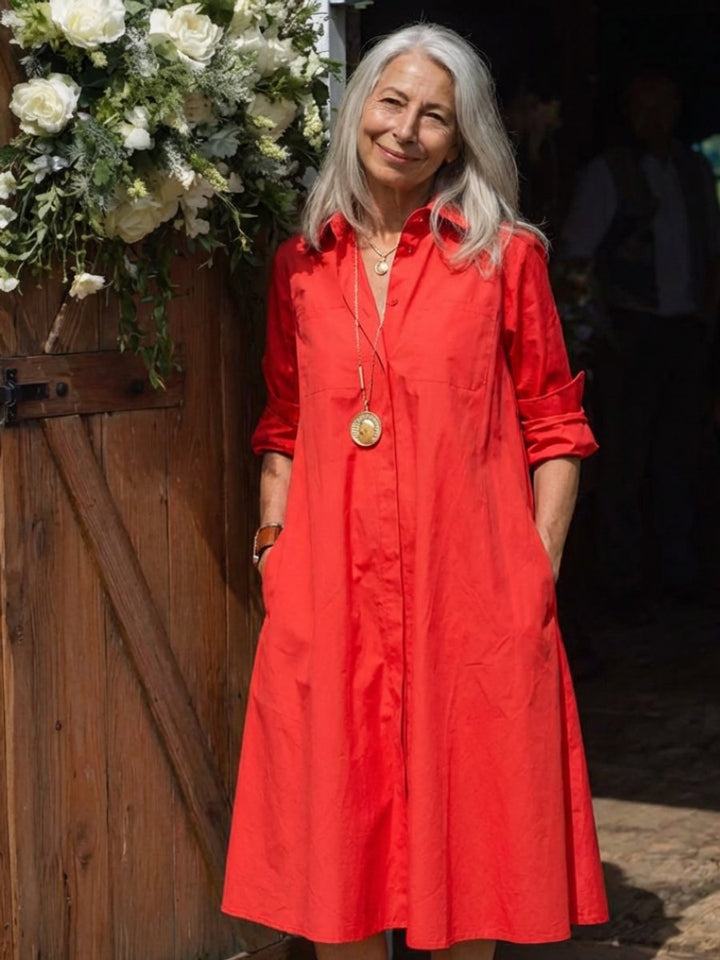Women's Everyday Day Dress Relaxed Button-Front Collared Midi Shirt Dress