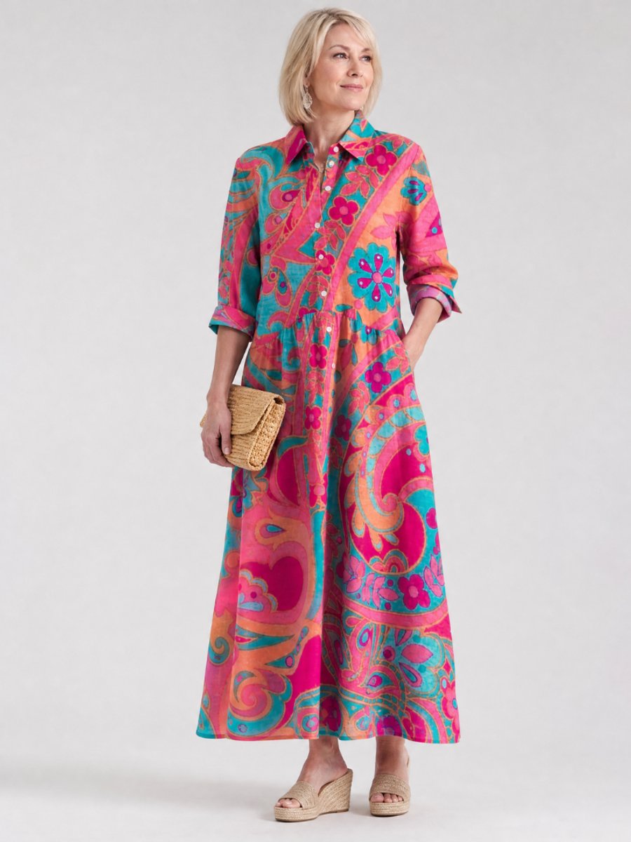 Women's Everyday Day Dress Relaxed Collared Button-Front Midi Shirtdress