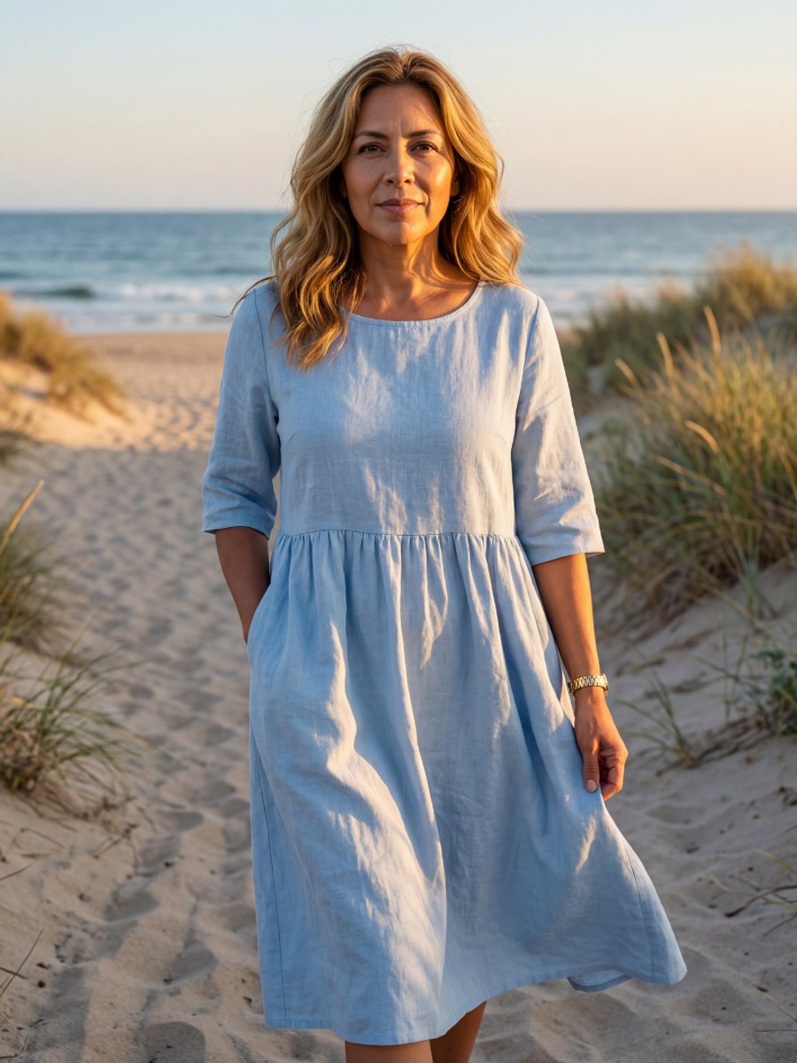 Women's Everyday Day Dress Relaxed Gathered-Waist Linen Midi