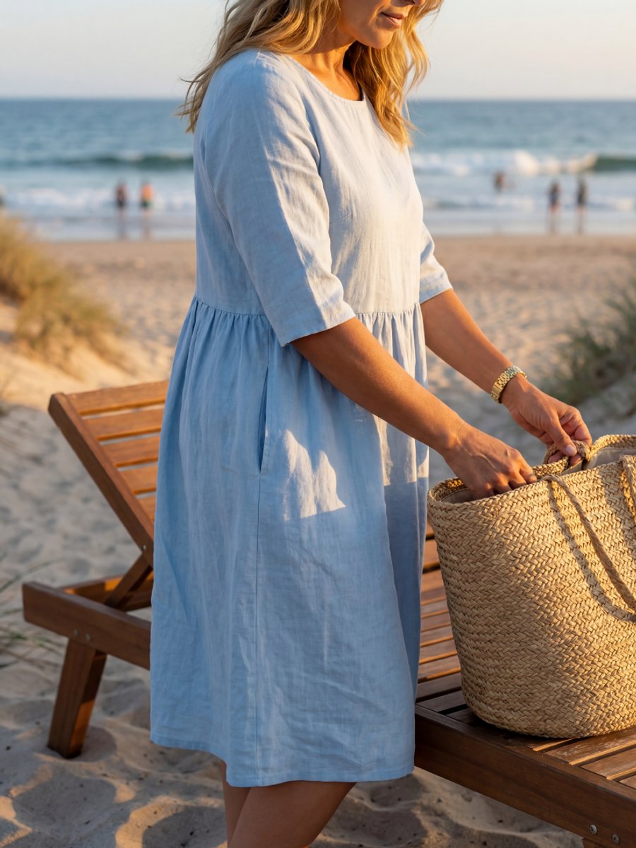 Women's Everyday Day Dress Relaxed Gathered-Waist Linen Midi