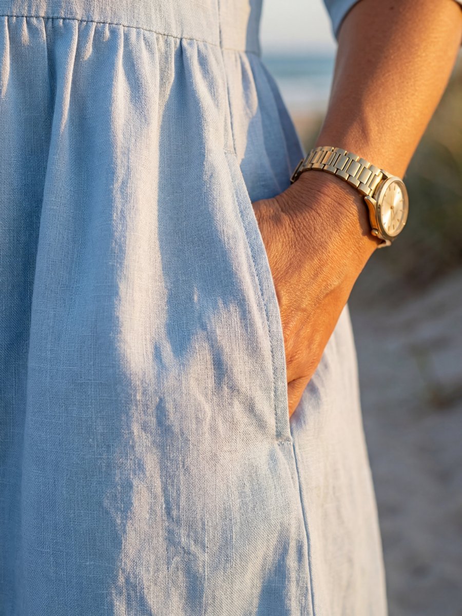 Women's Everyday Day Dress Relaxed Gathered-Waist Linen Midi