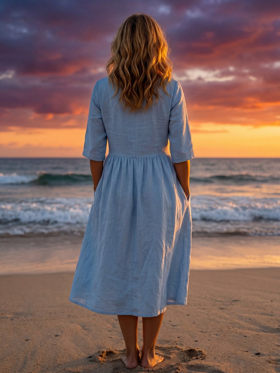 Women's Everyday Day Dress Relaxed Gathered-Waist Linen Midi