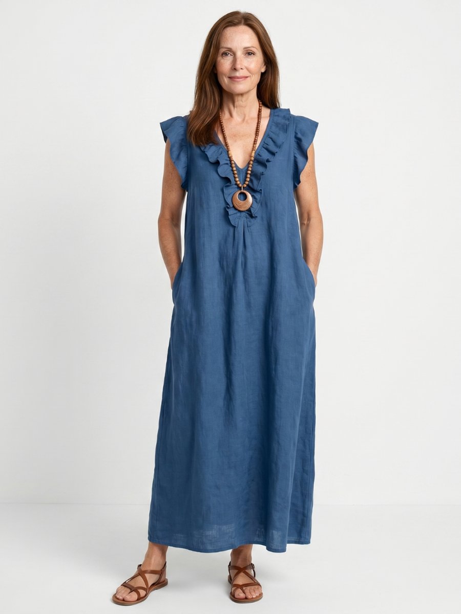 Women's Everyday Day Dress Relaxed Linen Ruffle V-Neck Maxi
