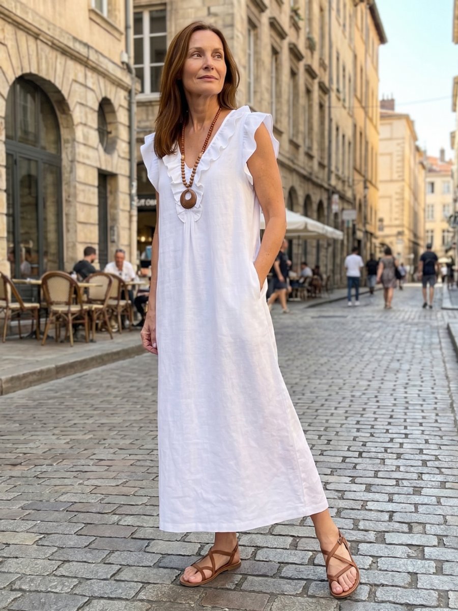 Women's Everyday Day Dress Relaxed Linen Ruffle V-Neck Maxi