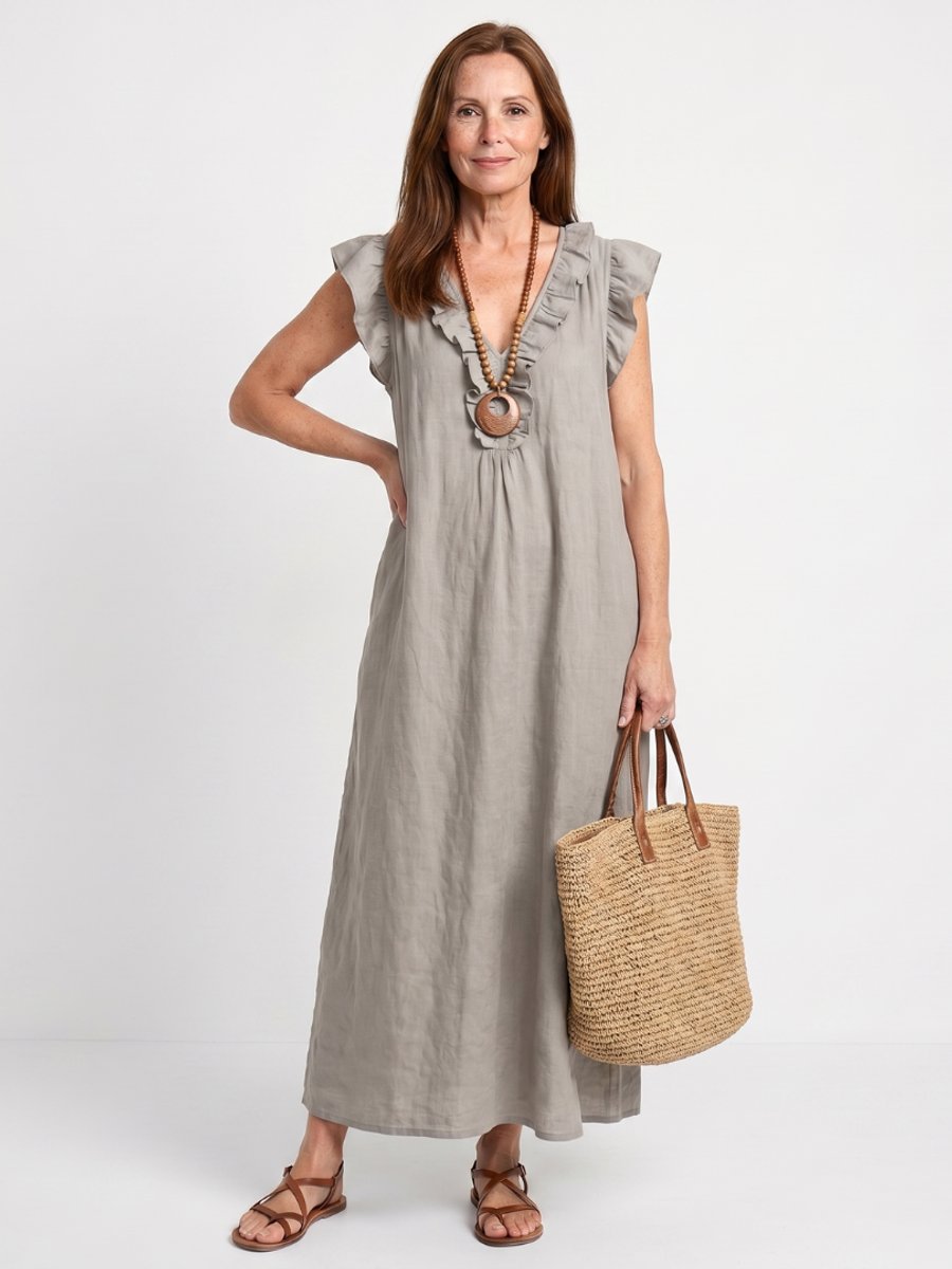Women's Everyday Day Dress Relaxed Linen Ruffle V-Neck Maxi