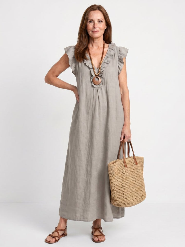 Women's Everyday Day Dress Relaxed Linen Ruffle V-Neck Maxi