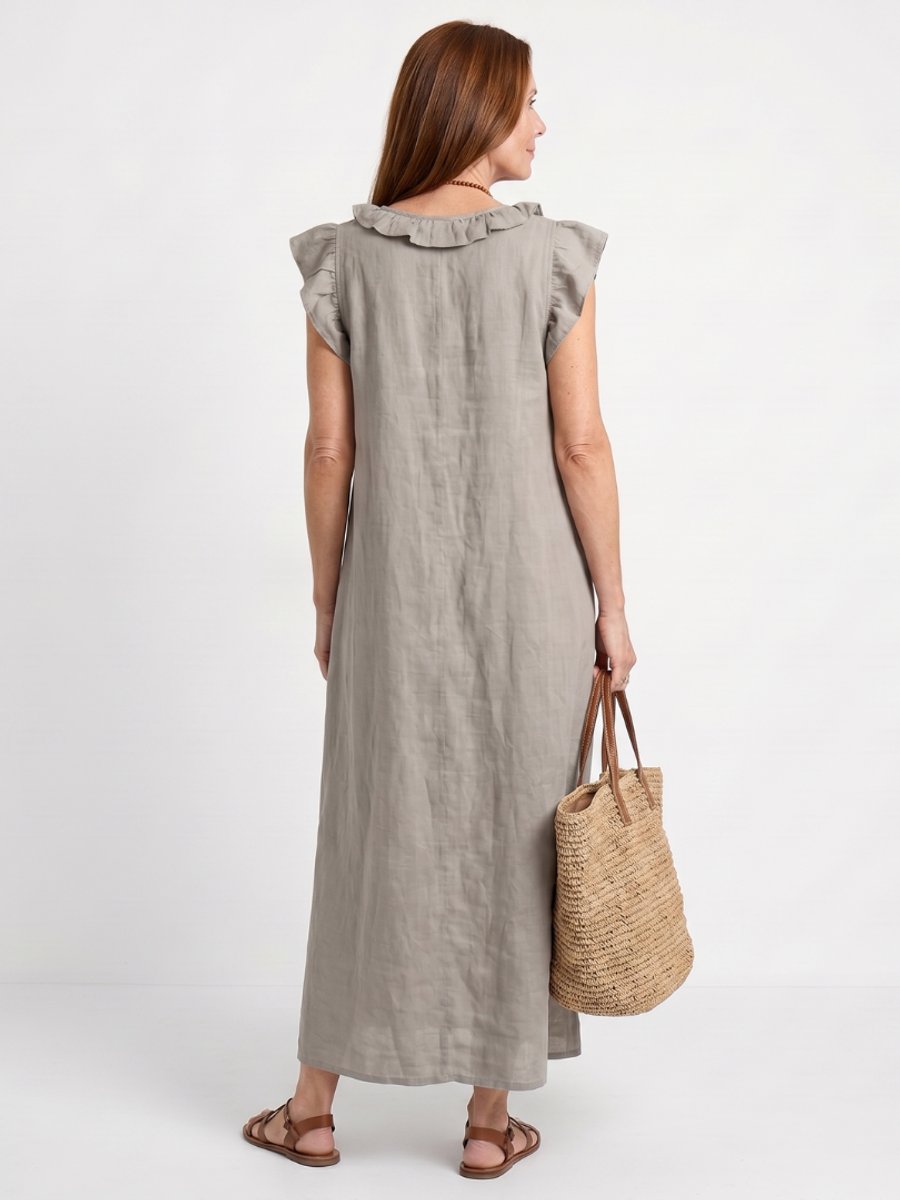 Women's Everyday Day Dress Relaxed Linen Ruffle V-Neck Maxi