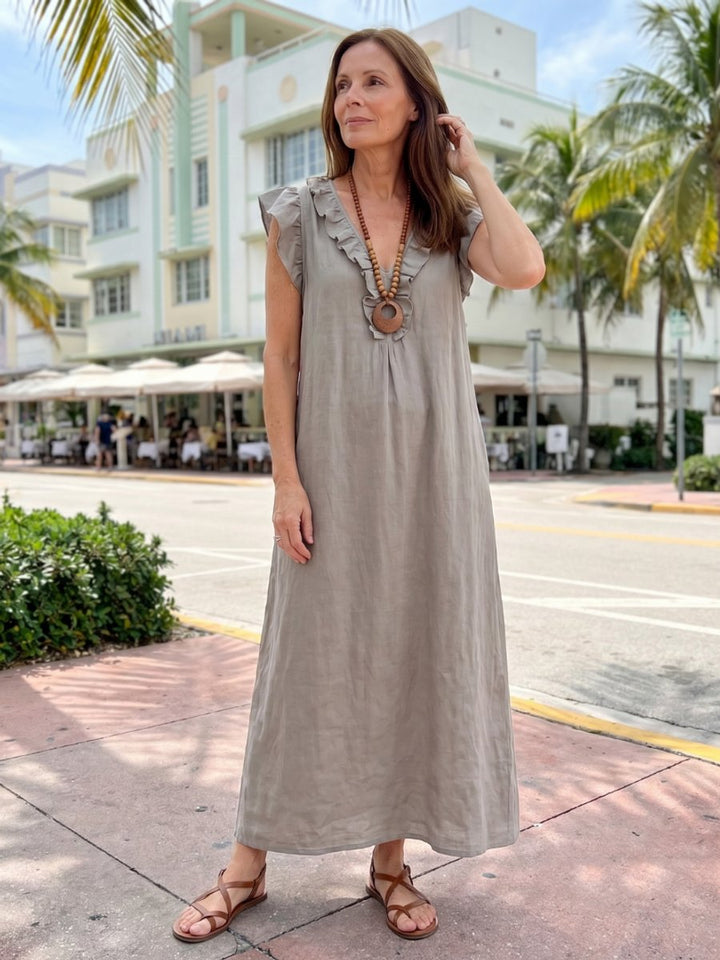 Women's Everyday Day Dress Relaxed Linen Ruffle V-Neck Maxi