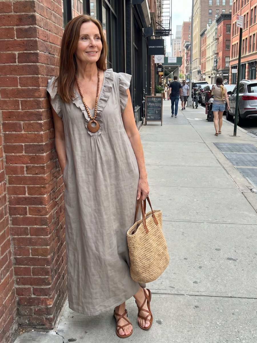 Women's Everyday Day Dress Relaxed Linen Ruffle V-Neck Maxi