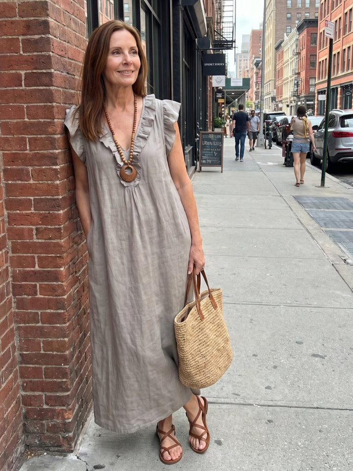 Women's Everyday Day Dress Relaxed Linen Ruffle V-Neck Maxi