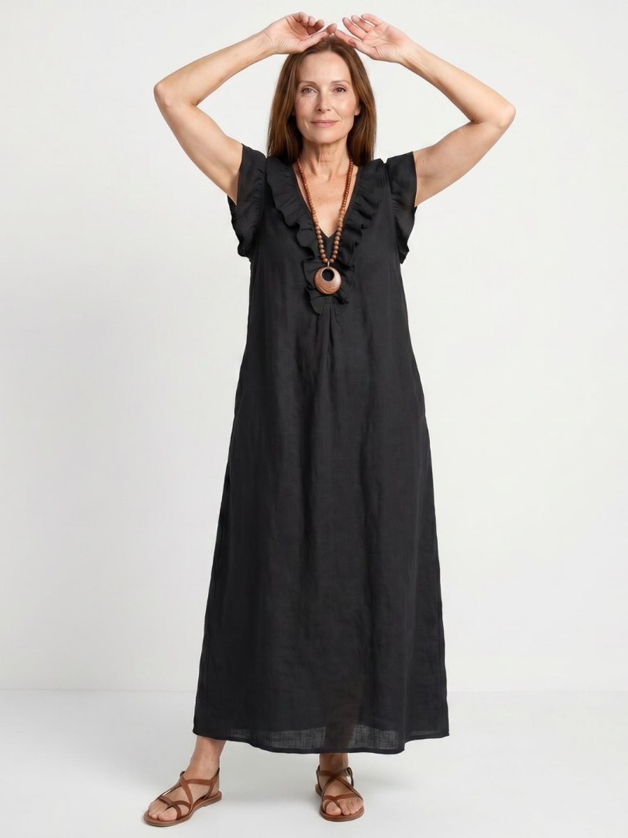 Women's Everyday Day Dress Relaxed Linen Ruffle V-Neck Maxi