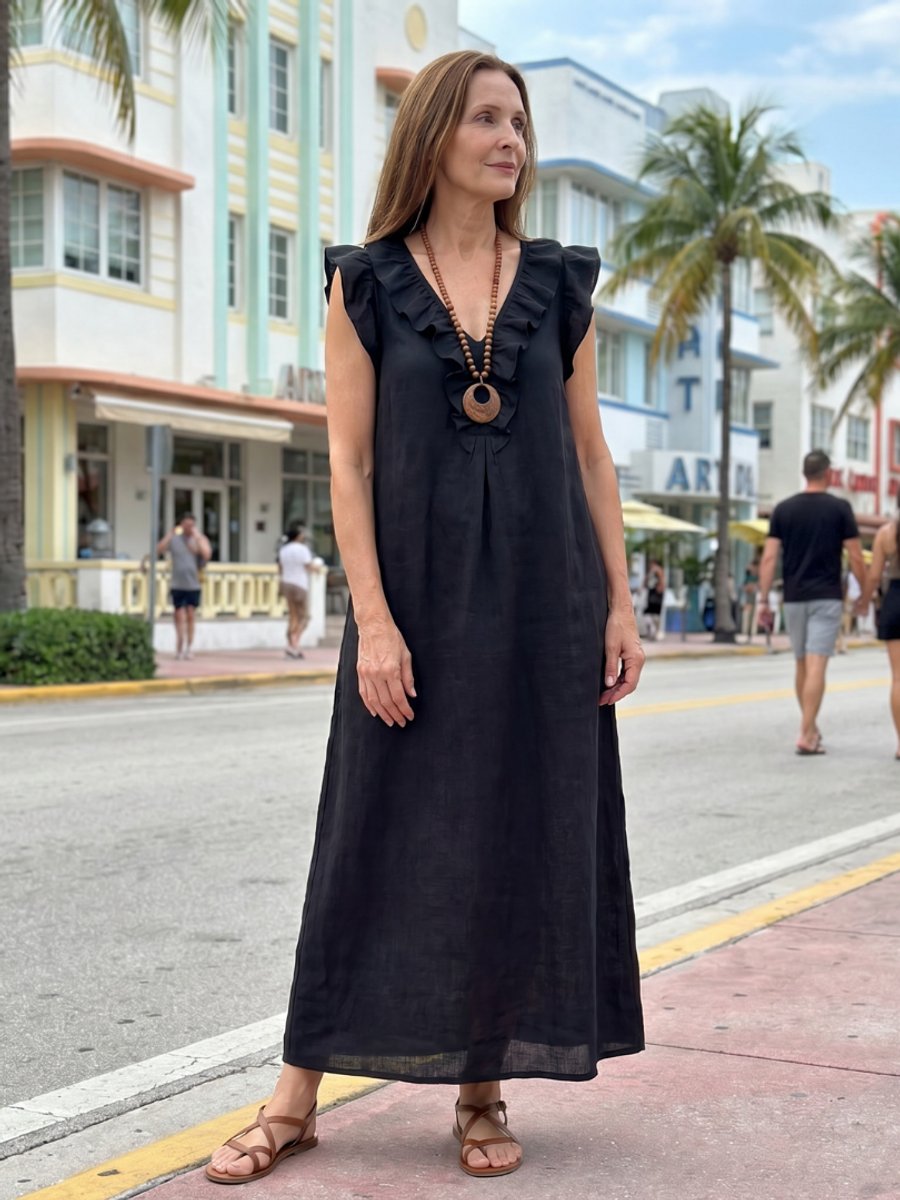 Women's Everyday Day Dress Relaxed Linen Ruffle V-Neck Maxi