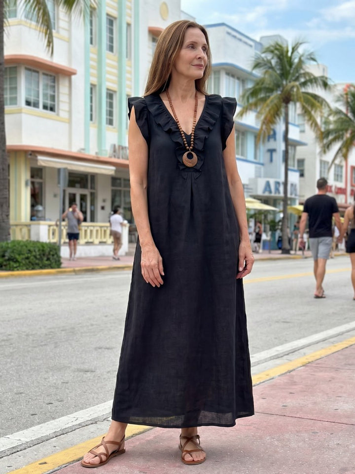 Women's Everyday Day Dress Relaxed Linen Ruffle V-Neck Maxi