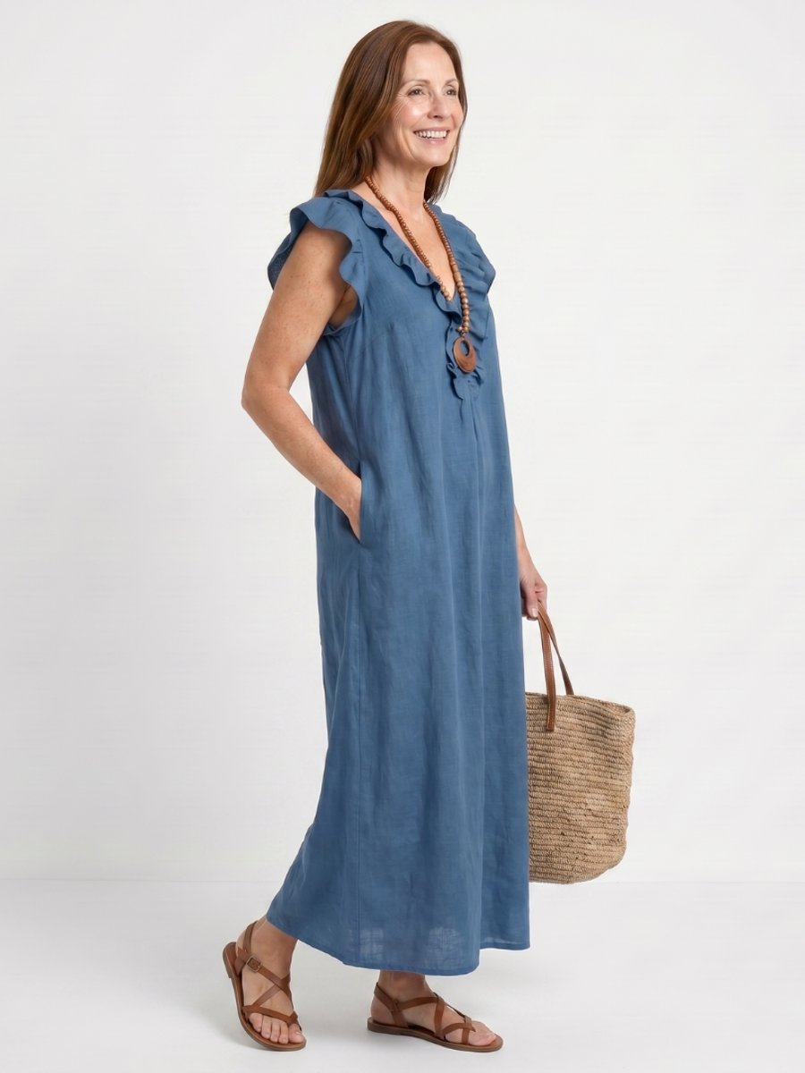 Women's Everyday Day Dress Relaxed Linen Ruffle V-Neck Maxi