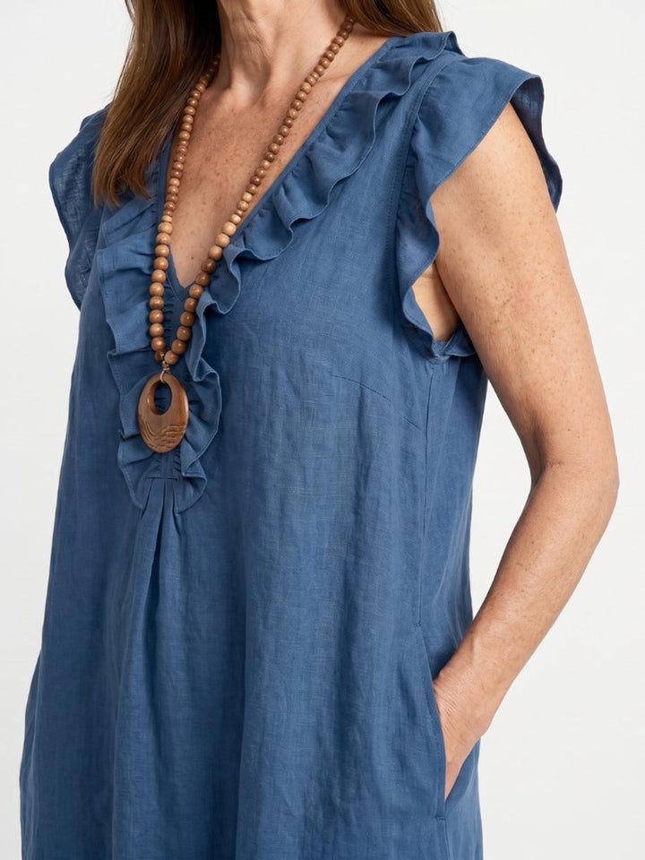 Women's Everyday Day Dress Relaxed Linen Ruffle V-Neck Maxi