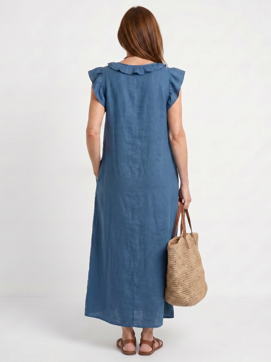 Women's Everyday Day Dress Relaxed Linen Ruffle V-Neck Maxi