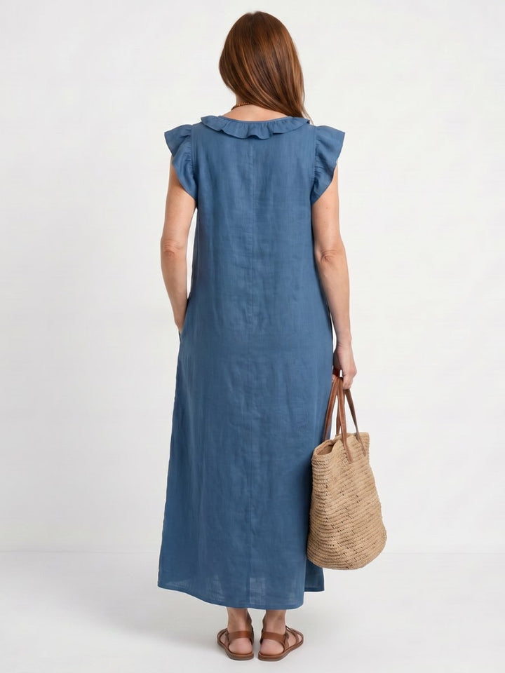 Women's Everyday Day Dress Relaxed Linen Ruffle V-Neck Maxi