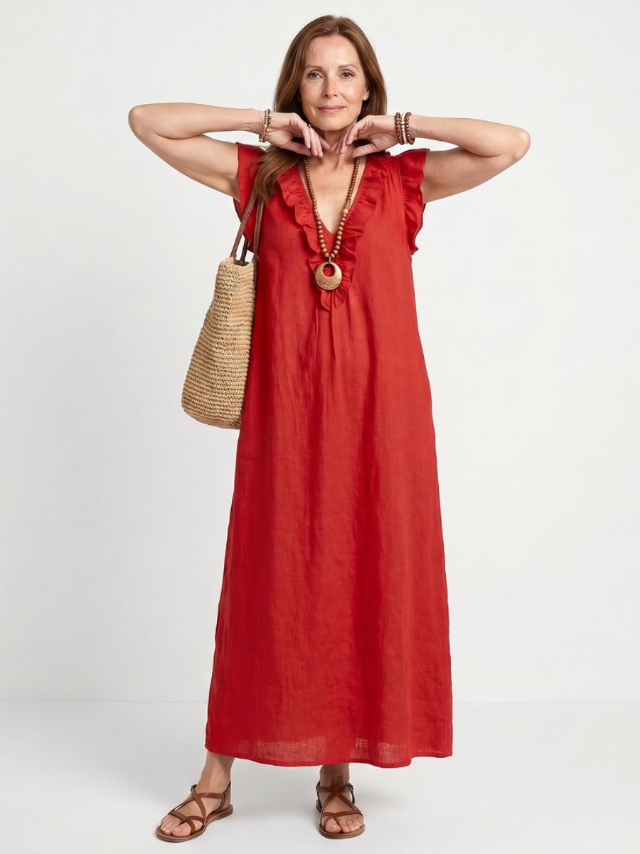 Women's Everyday Day Dress Relaxed Linen Ruffle V-Neck Maxi