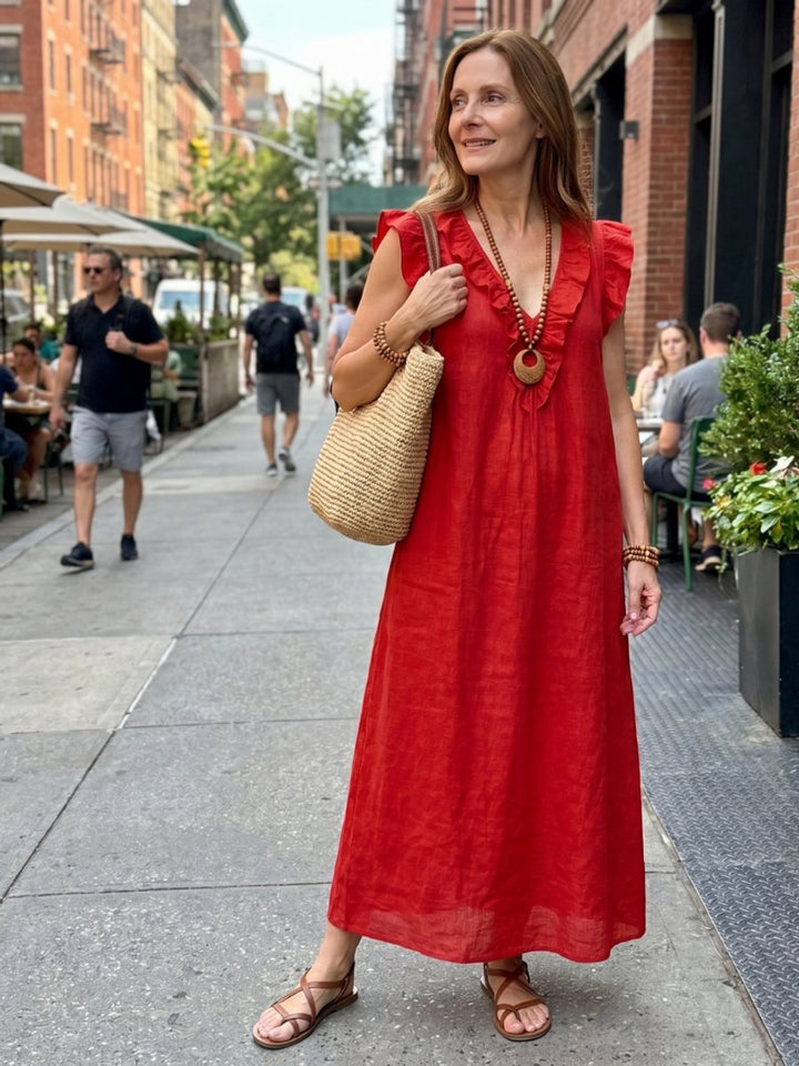 Women's Everyday Day Dress Relaxed Linen Ruffle V-Neck Maxi