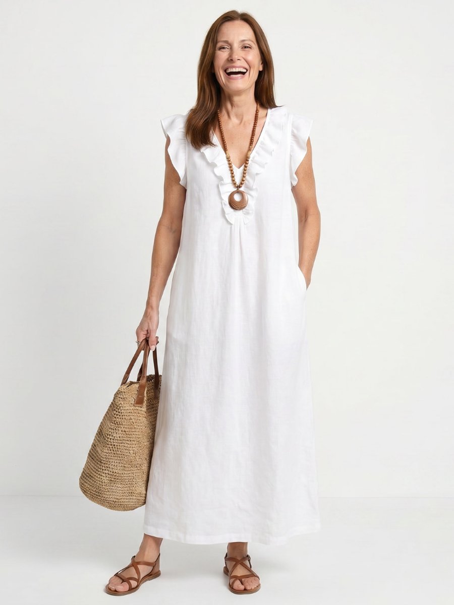 Women's Everyday Day Dress Relaxed Linen Ruffle V-Neck Maxi