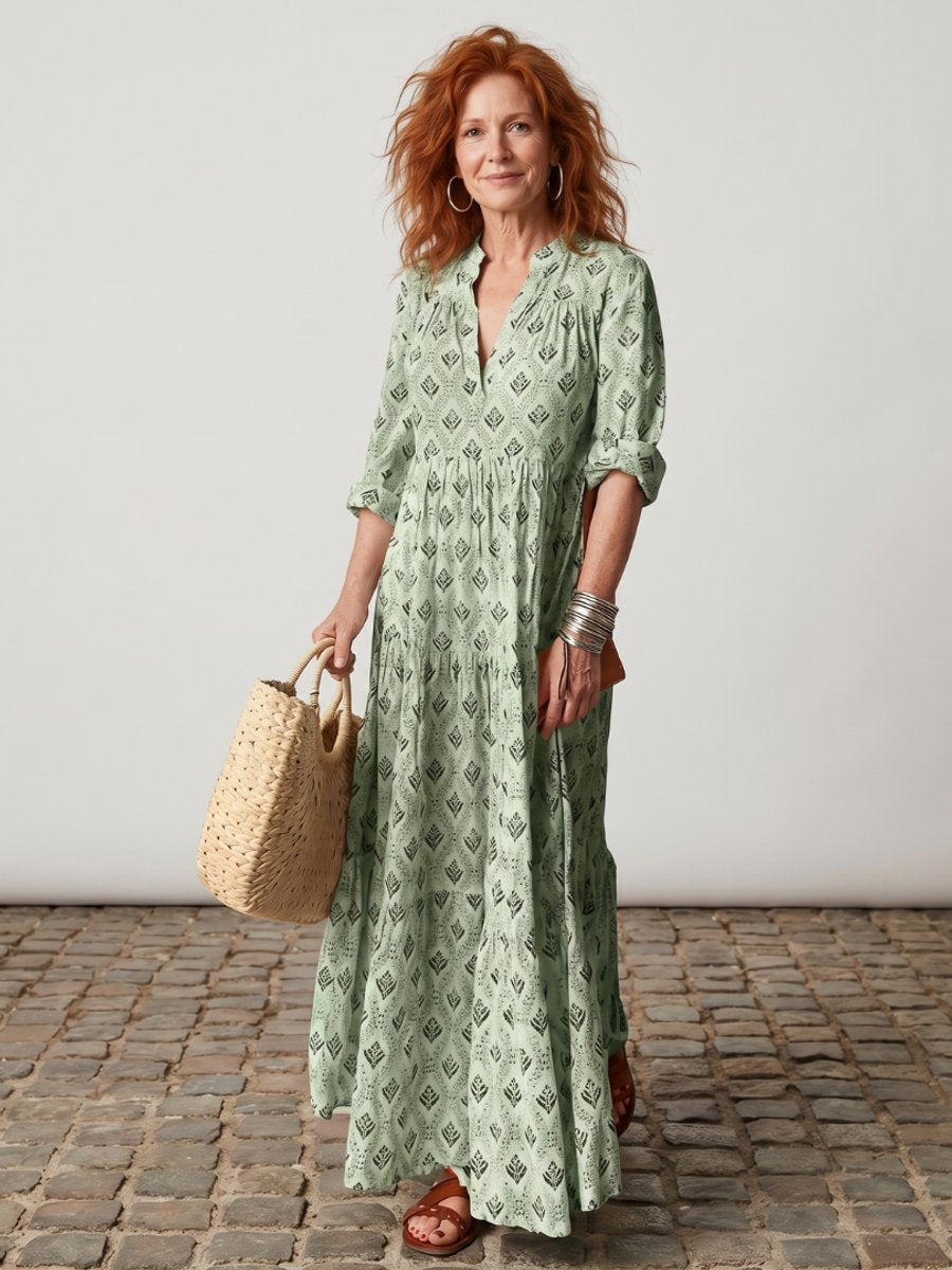 Women's Everyday Day Dress Relaxed Notch-Neck Printed Maxi