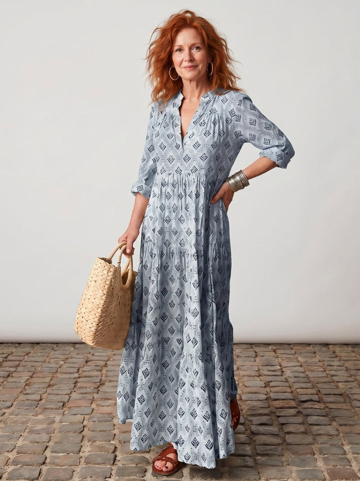 Women's Everyday Day Dress Relaxed Notch-Neck Printed Maxi