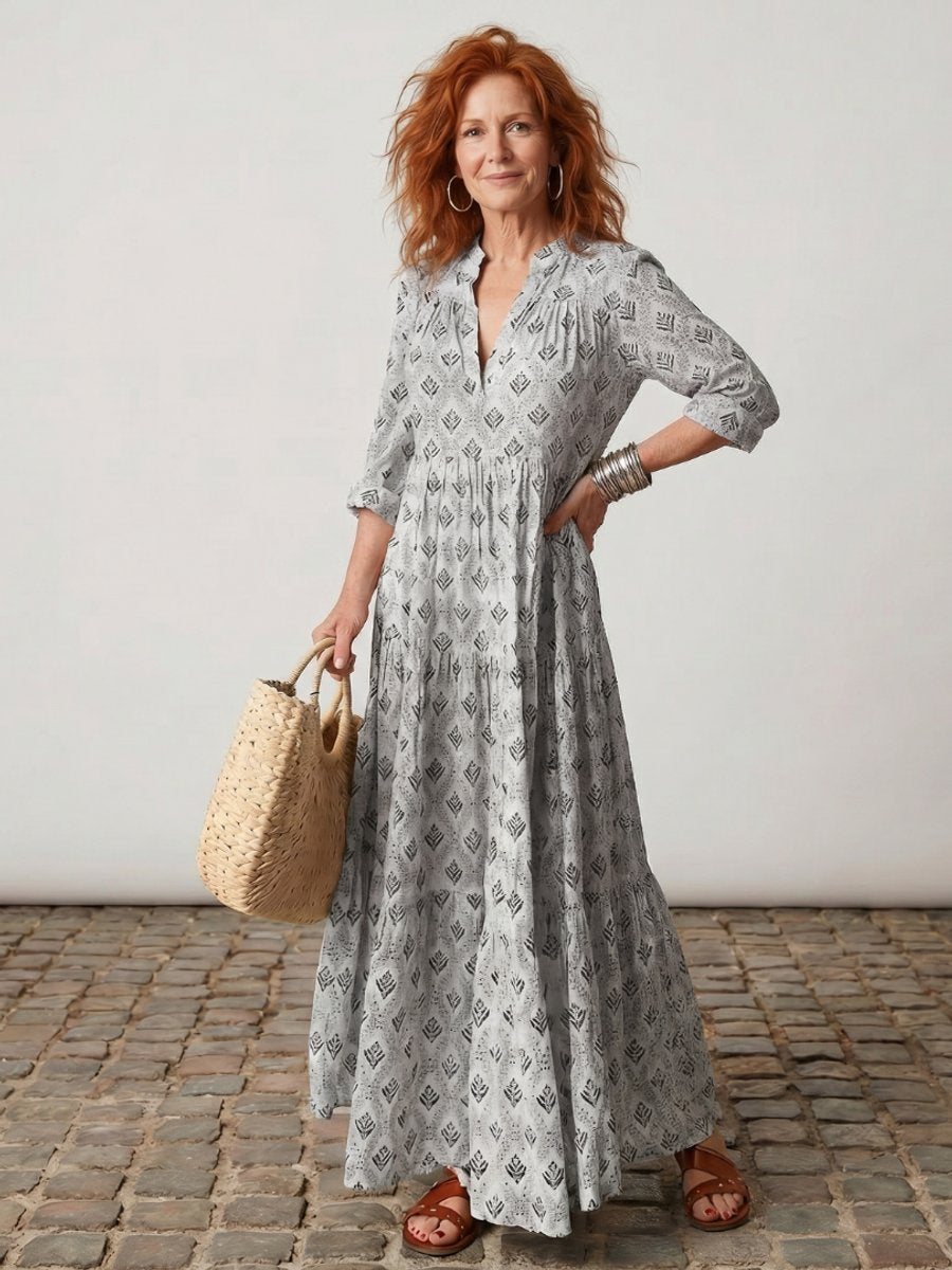 Women's Everyday Day Dress Relaxed Notch-Neck Printed Maxi