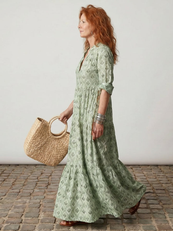 Women's Everyday Day Dress Relaxed Notch-Neck Printed Maxi