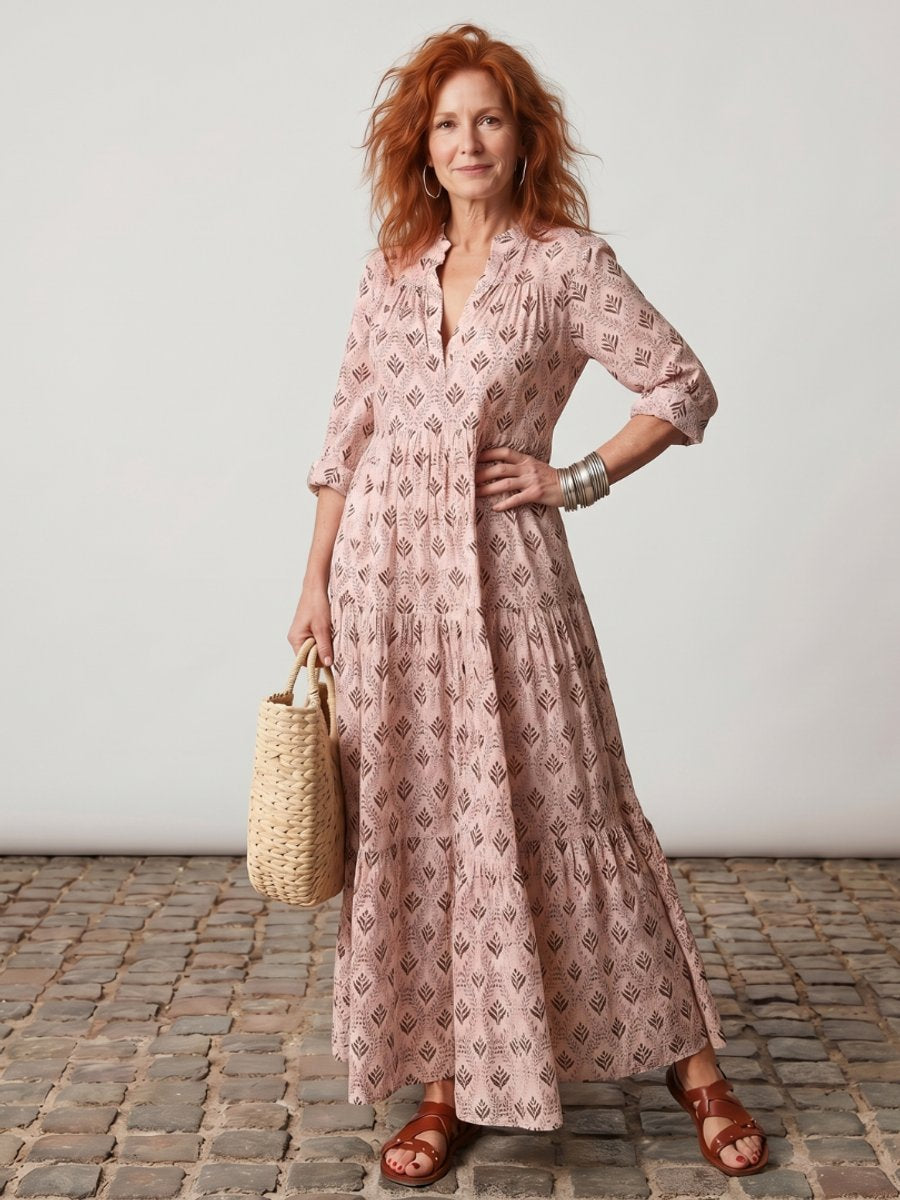 Women's Everyday Day Dress Relaxed Notch-Neck Printed Maxi
