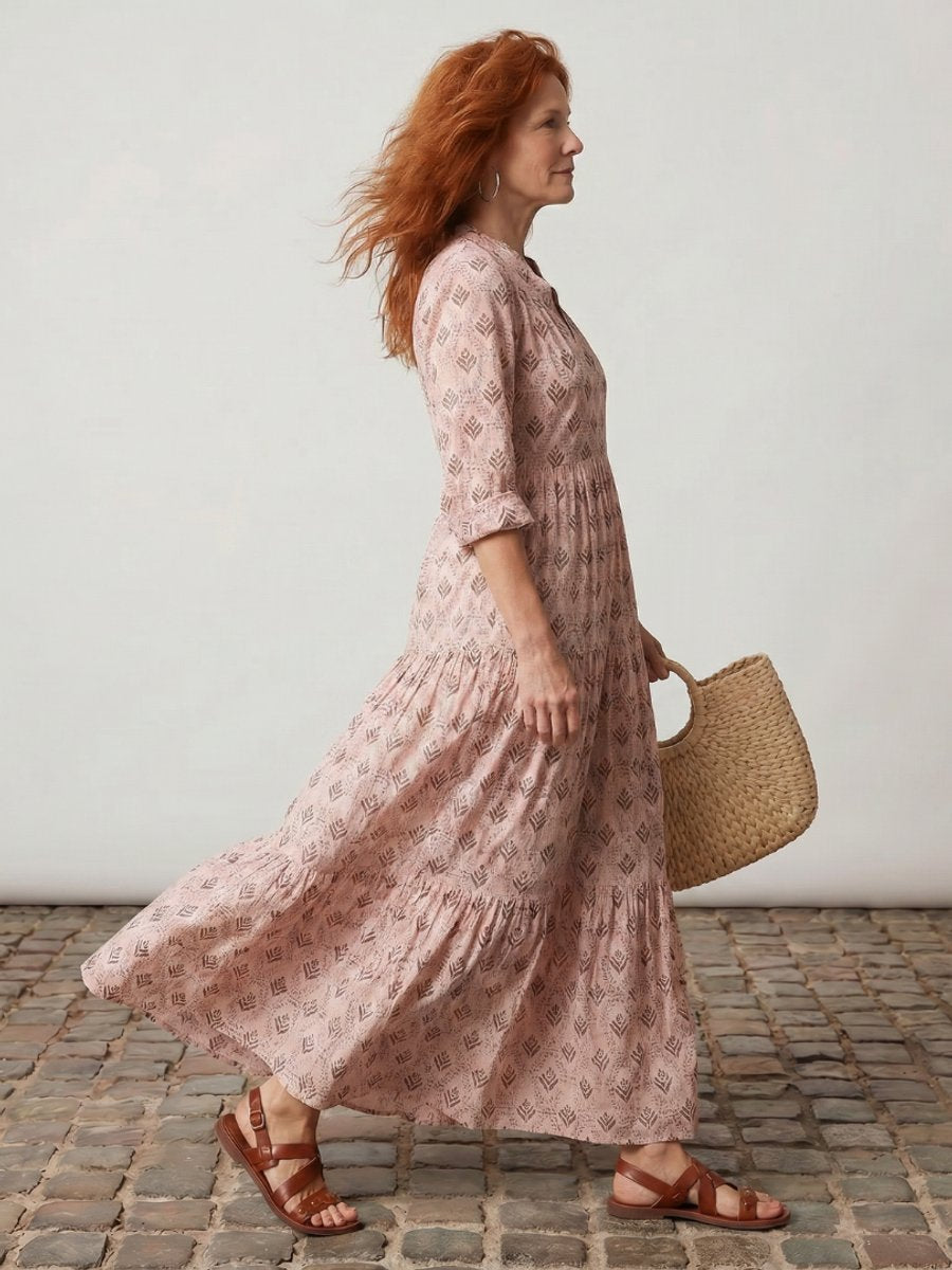 Women's Everyday Day Dress Relaxed Notch-Neck Printed Maxi