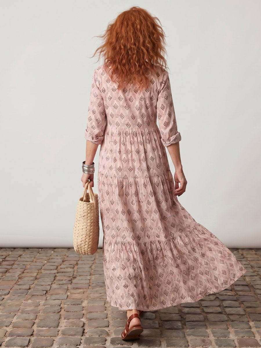 Women's Everyday Day Dress Relaxed Notch-Neck Printed Maxi