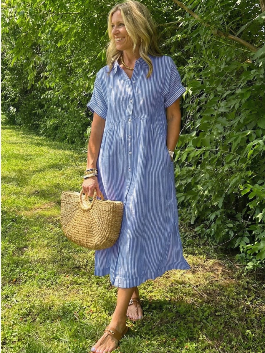 Women's Everyday Day Dress Short Sleeve Button-Front Striped Midi