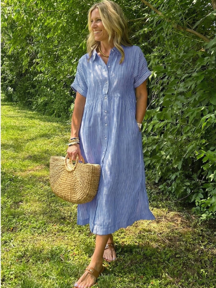 Women's Everyday Day Dress Short Sleeve Button-Front Striped Midi