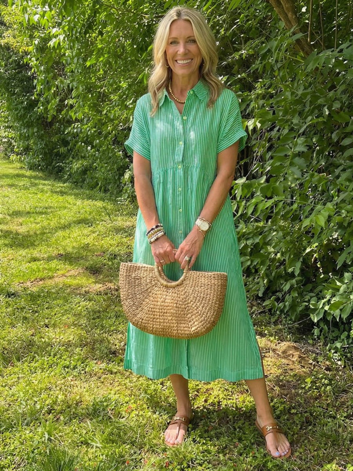 Women's Everyday Day Dress Short Sleeve Button-Front Striped Midi