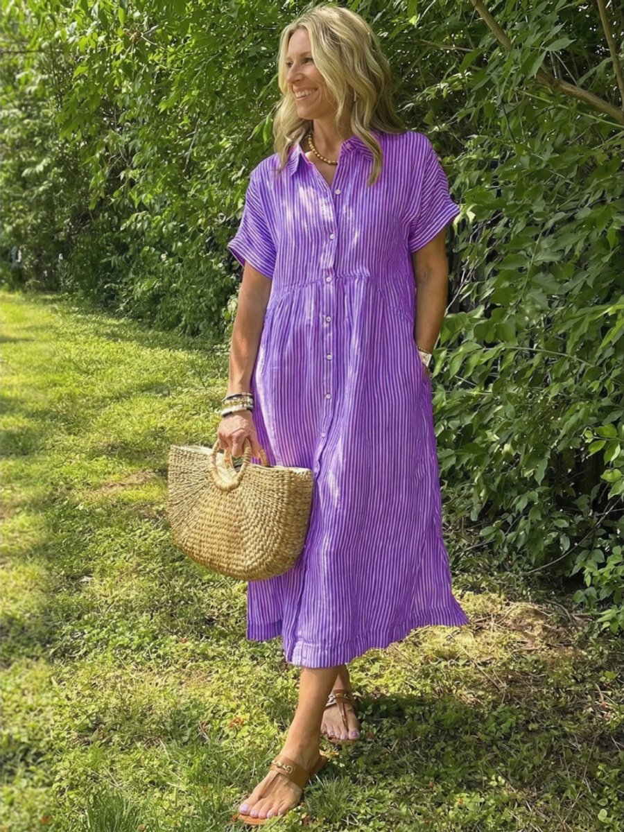 Women's Everyday Day Dress Short Sleeve Button-Front Striped Midi