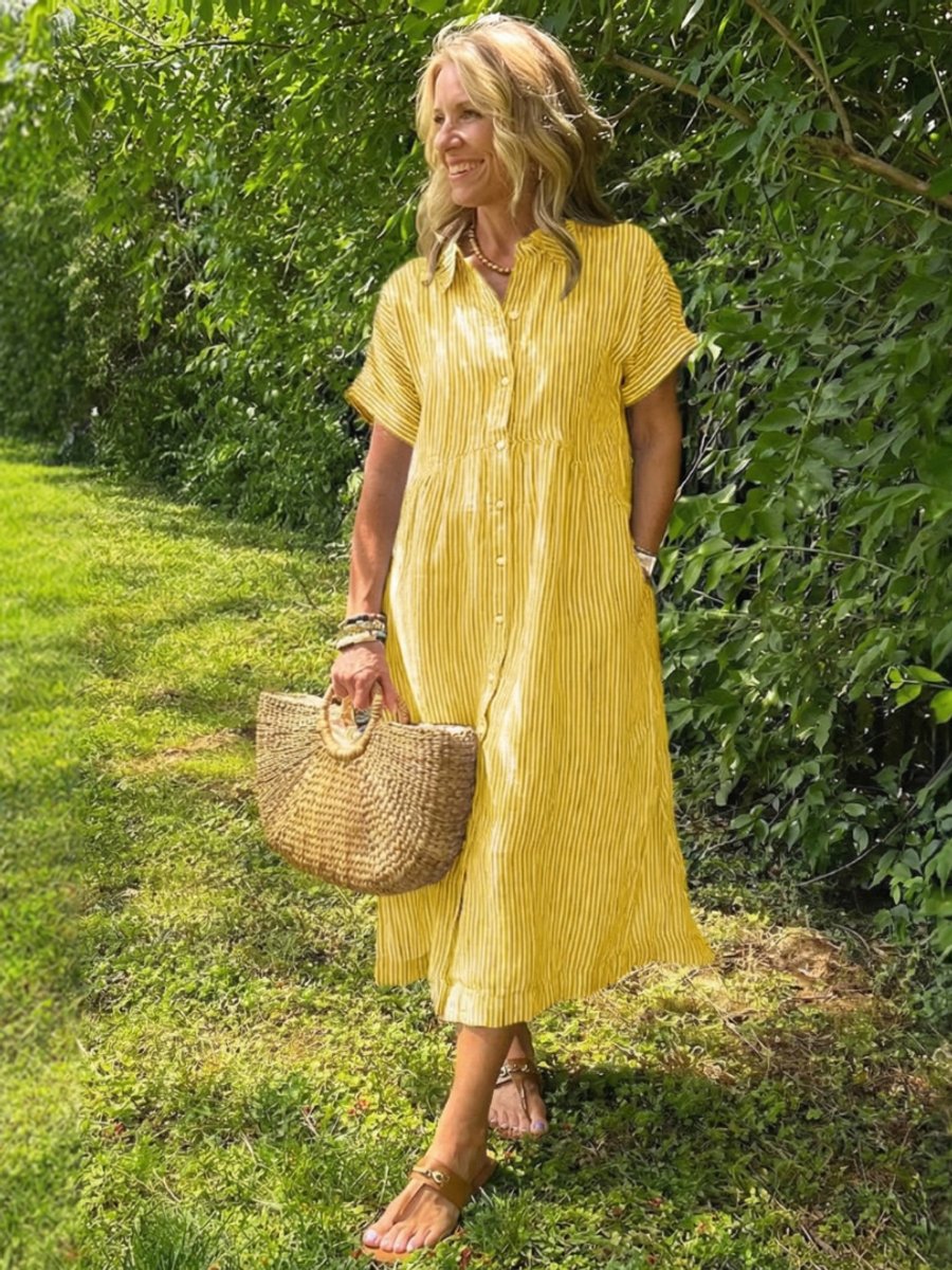 Women's Everyday Day Dress Short Sleeve Button-Front Striped Midi