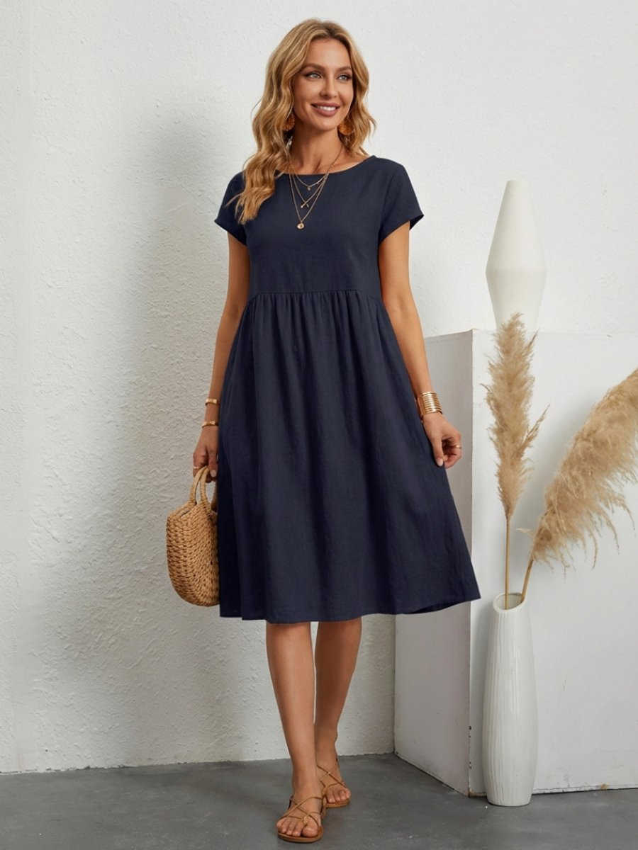 Women's Everyday Day Dress Short Sleeve Gathered Waist Knee Length