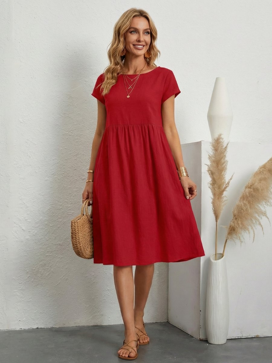 Women's Everyday Day Dress Short Sleeve Gathered Waist Knee Length