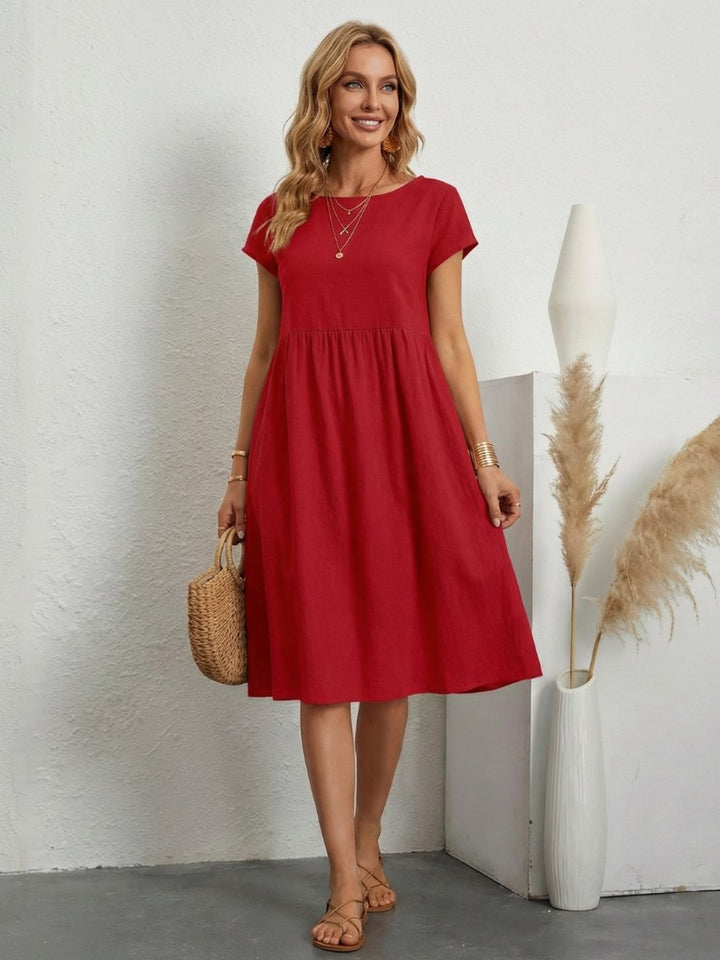 Women's Everyday Day Dress Short Sleeve Gathered Waist Knee Length