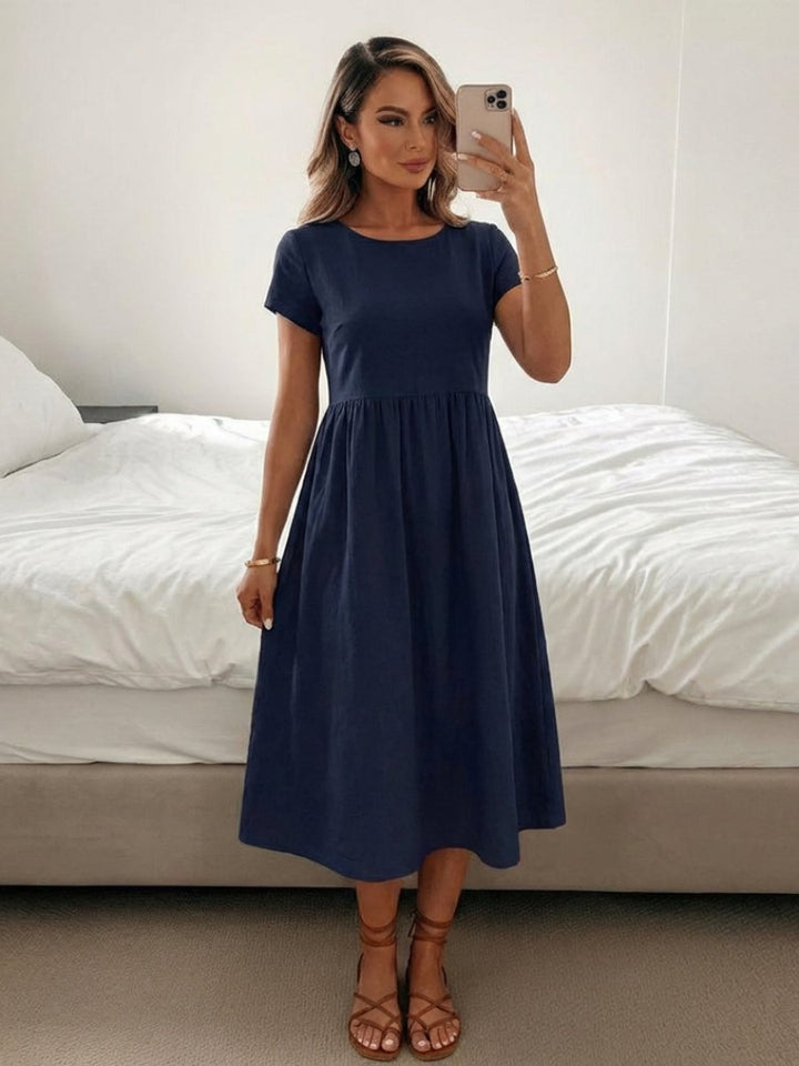 Women's Everyday Day Dress Short Sleeve Gathered Waist Knee Length